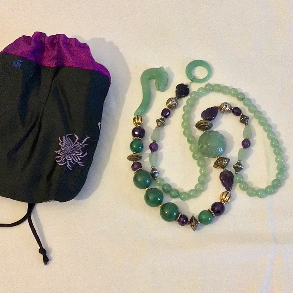Genuine Jade Green & purple  beaded necklace - Dragon head Clasp 30” hangs 15”